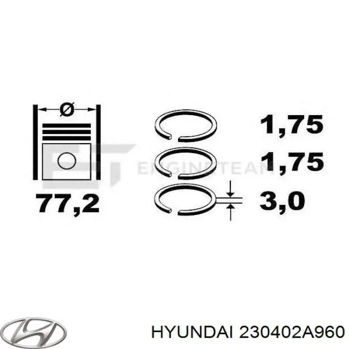Кольца поршневые комплект на мотор, STD. Hyundai/Kia 230402A960