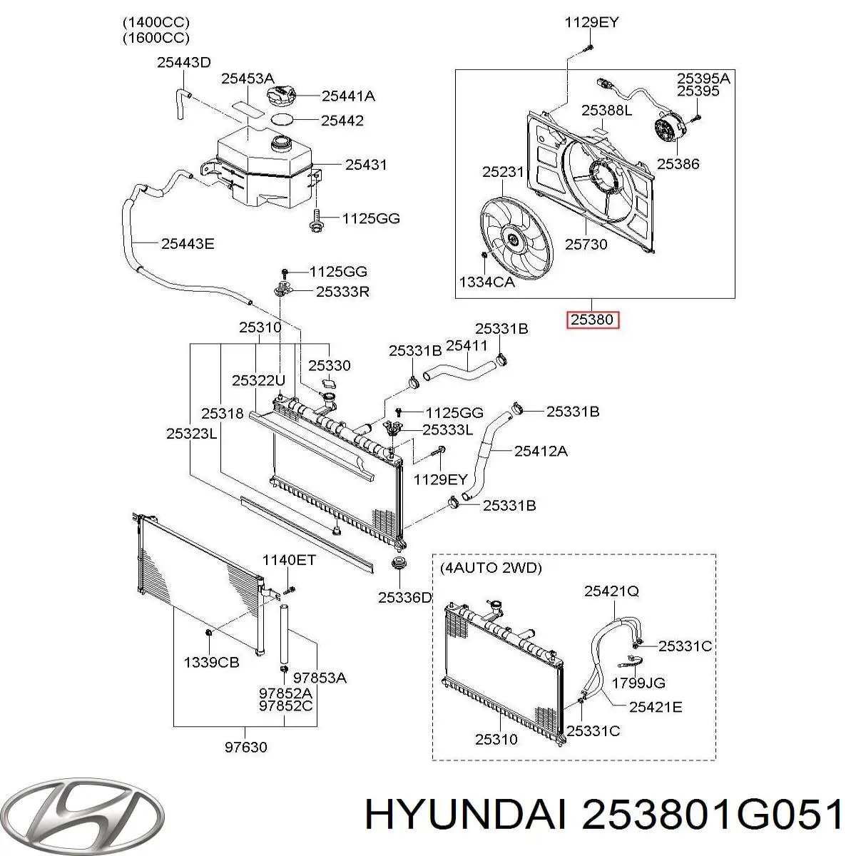 Диффузор вентилятора в сборе с мотором и крыльчаткой 253801G051 Hyundai/Kia