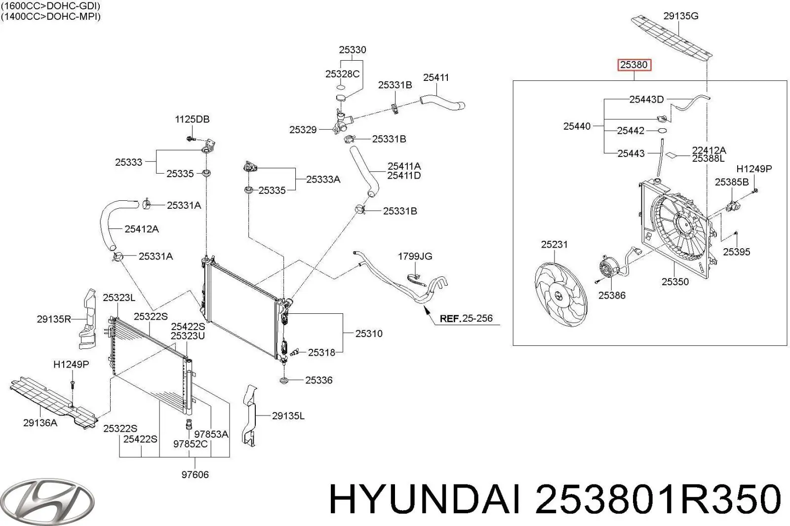 Диффузор радиатора охлаждения в сборе с мотором и крыльчаткой Hyundai/Kia 253801R350 цена, от 171.58 USD