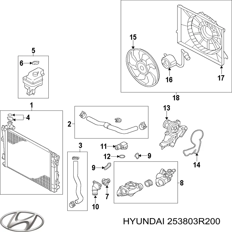 253803R200 Hyundai/Kia difusor do radiador de esfriamento, montado com motor e roda de aletas