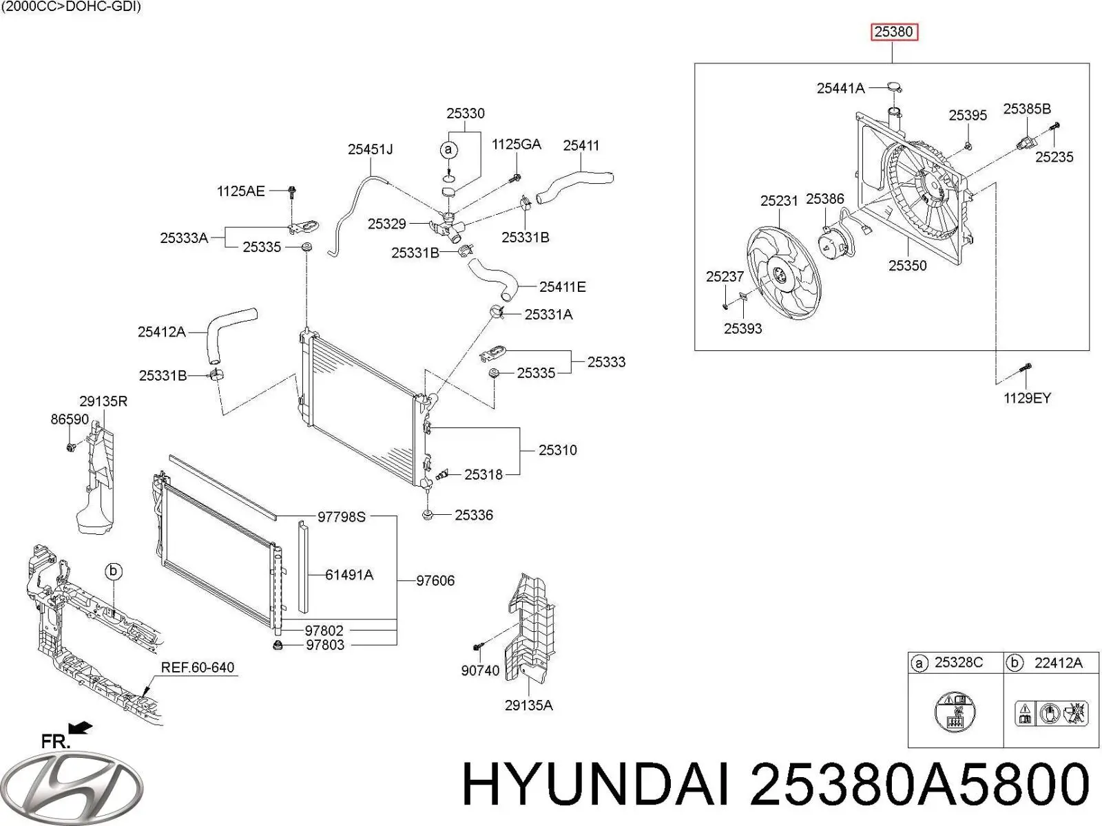 25380A5800 Hyundai/Kia ventilador elétrico de esfriamento montado (motor + roda de aletas)