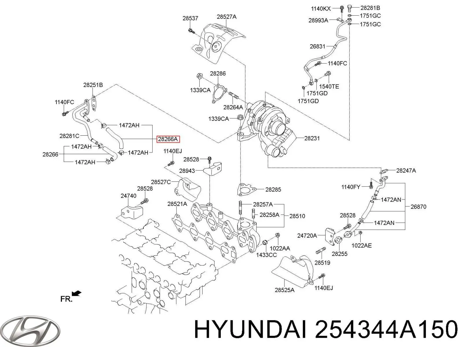 Купить 254344A150 Hyundai/Kia Шланг (патрубок) жидкостного охлаждения турбины, обратка