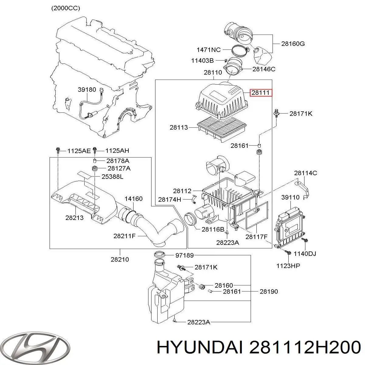 281112H200 Hyundai/Kia caixa de filtro de ar, parte superior