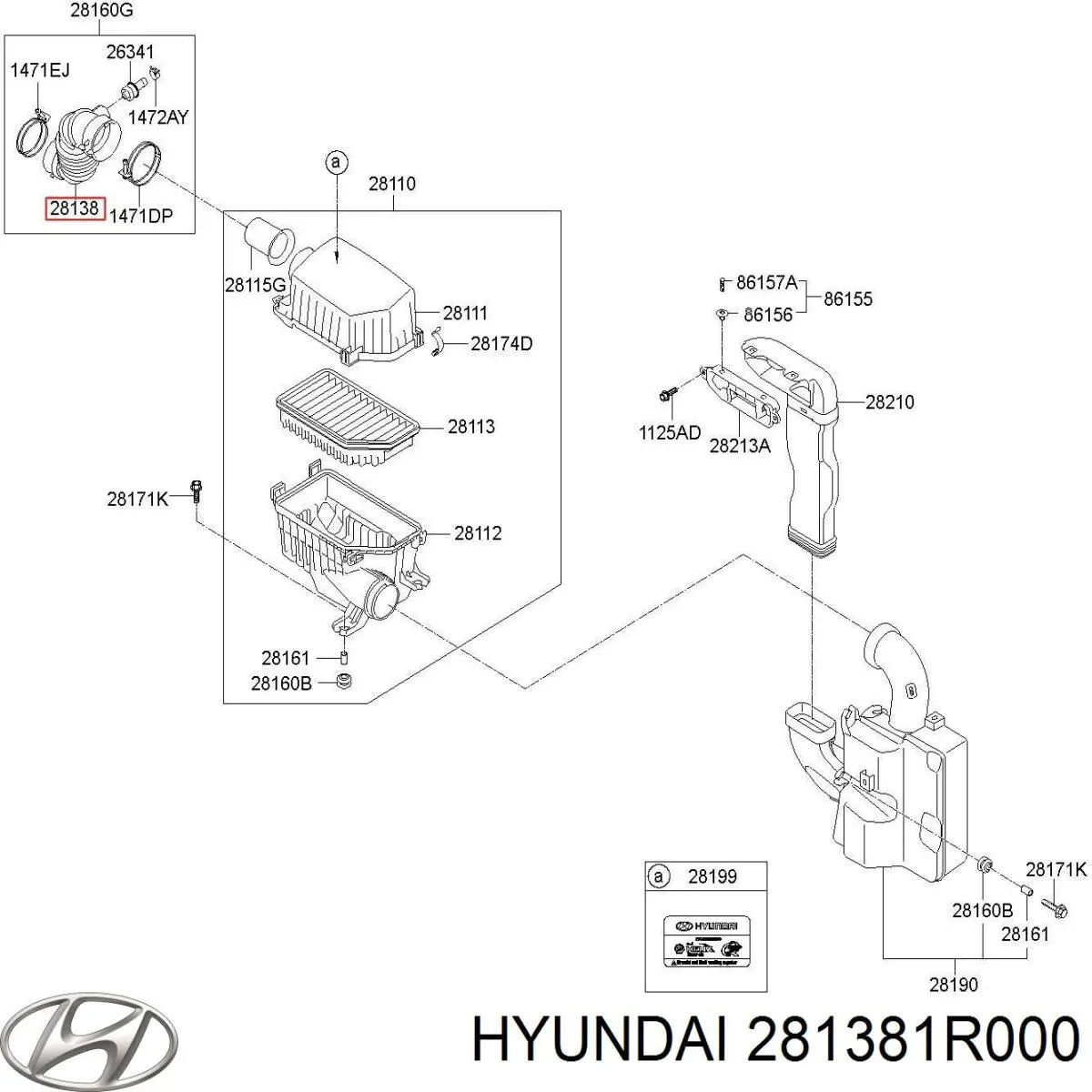 Патрубок воздушный, вход воздушного фильтра Hyundai/Kia 281381R000 цена, от 10.14 USD