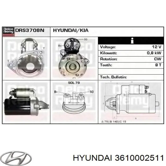3610002511 Hyundai/Kia Стартер автомобиля