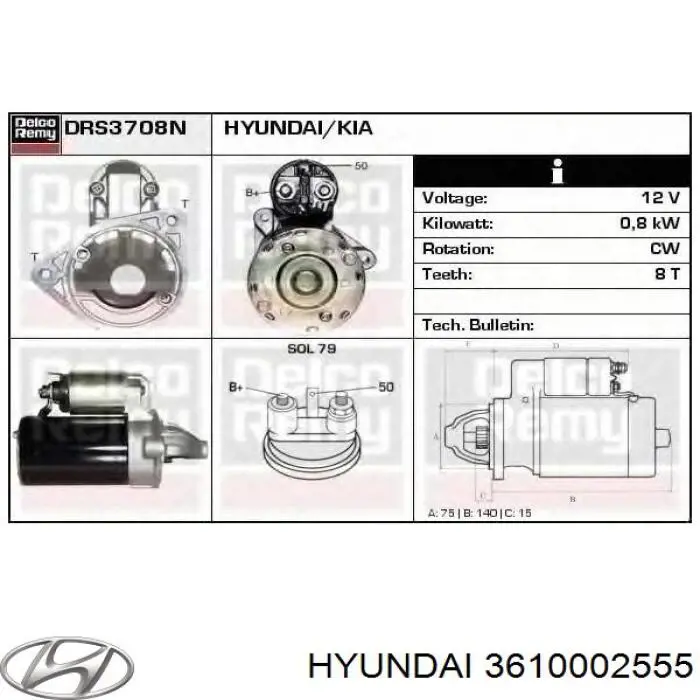 Motor de arranco 3610002555 Hyundai/Kia