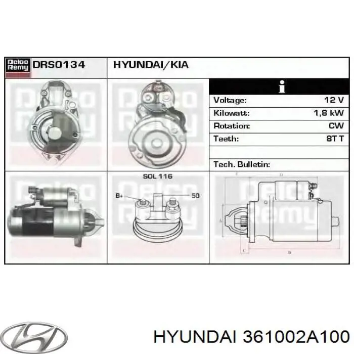 Стартер Hyundai/Kia 361002A100 цена, от 38.01 USD