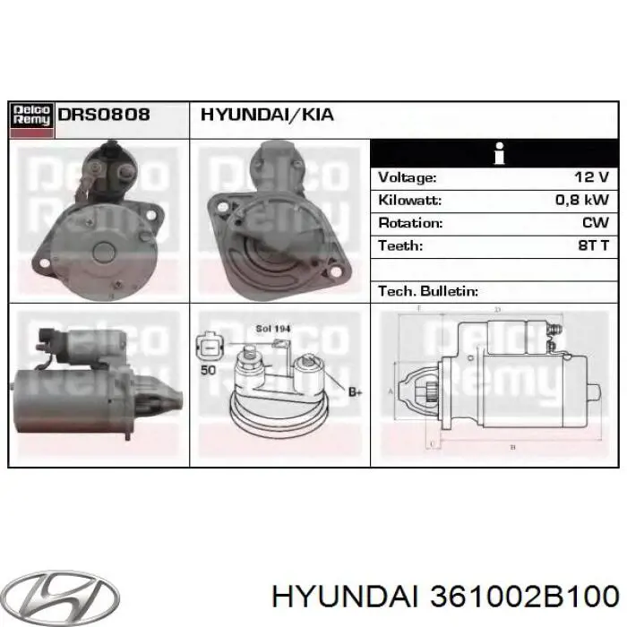 Стартер двигателя Hyundai/Kia 361002B100