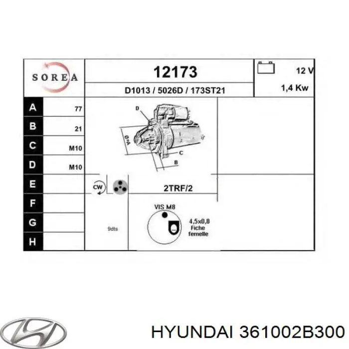 Стартер Hyundai/Kia 361002B300 цена, от 71.07 USD