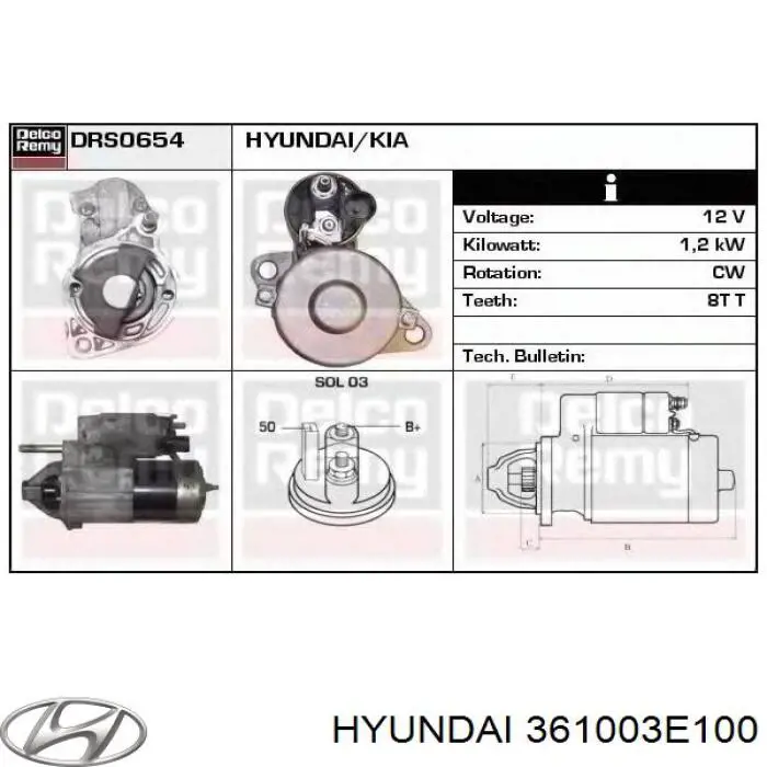 Motor de arranque 361003E100 Hyundai/Kia