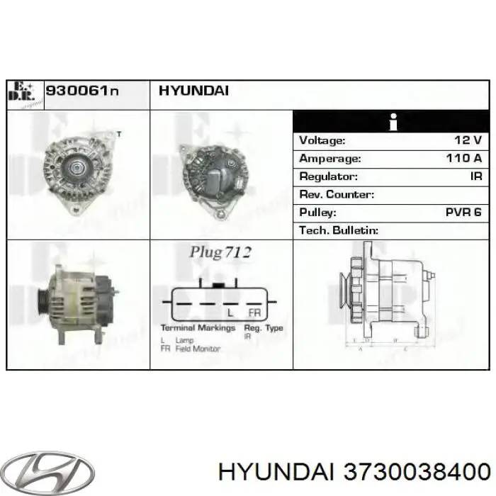 Генератор автомобиля Hyundai/Kia 3730038400