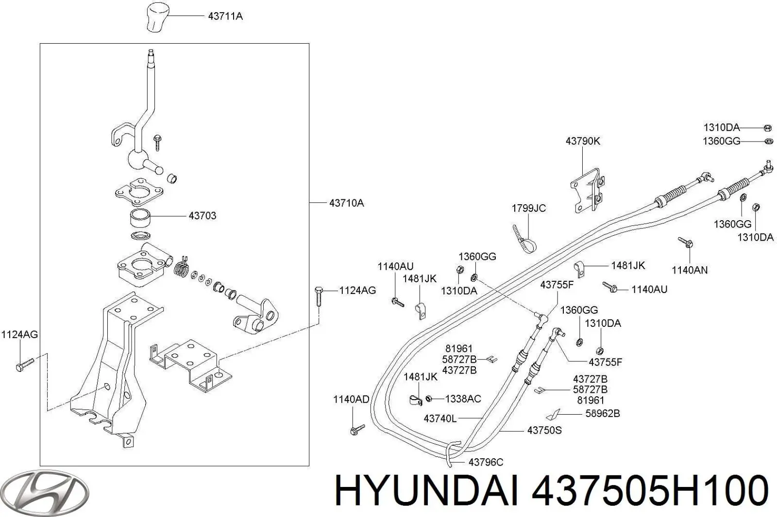 437505H102 Hyundai/Kia трос переключения передач (выбора передачи)