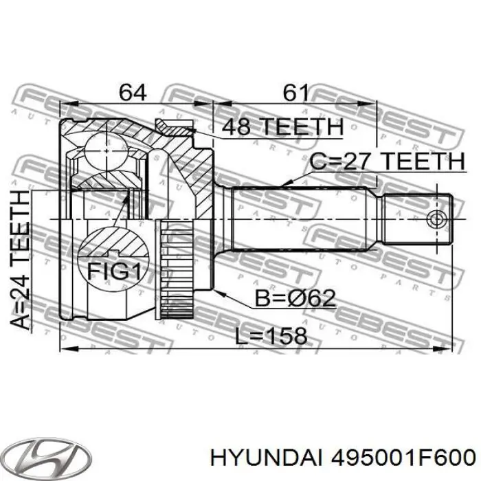 495001F600 Hyundai/Kia полуось (привод передняя правая)