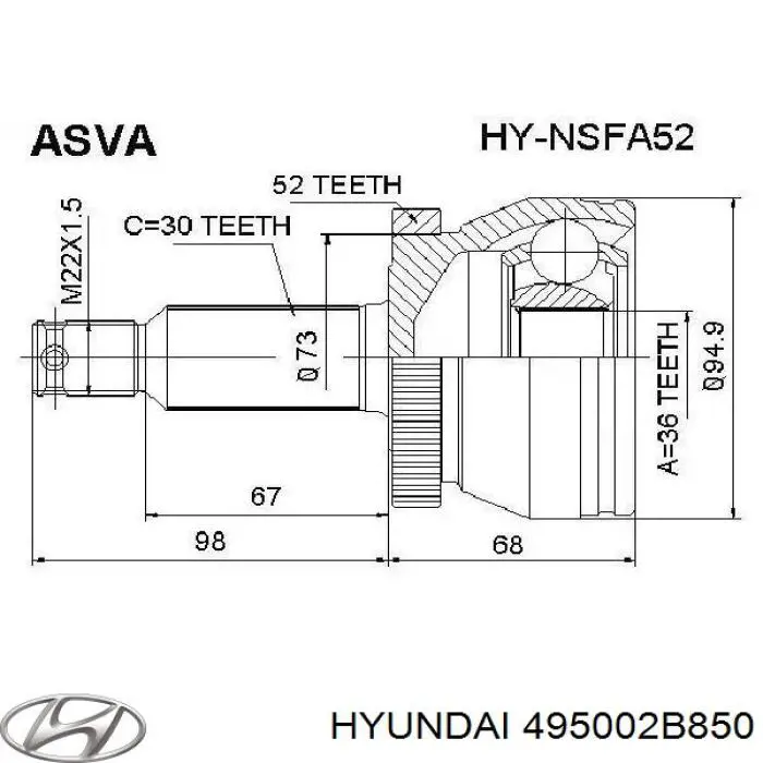 495002B850 Hyundai/Kia полуось (привод передняя левая)