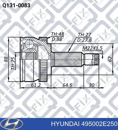 495002E250 Hyundai/Kia Полуось передняя, правая