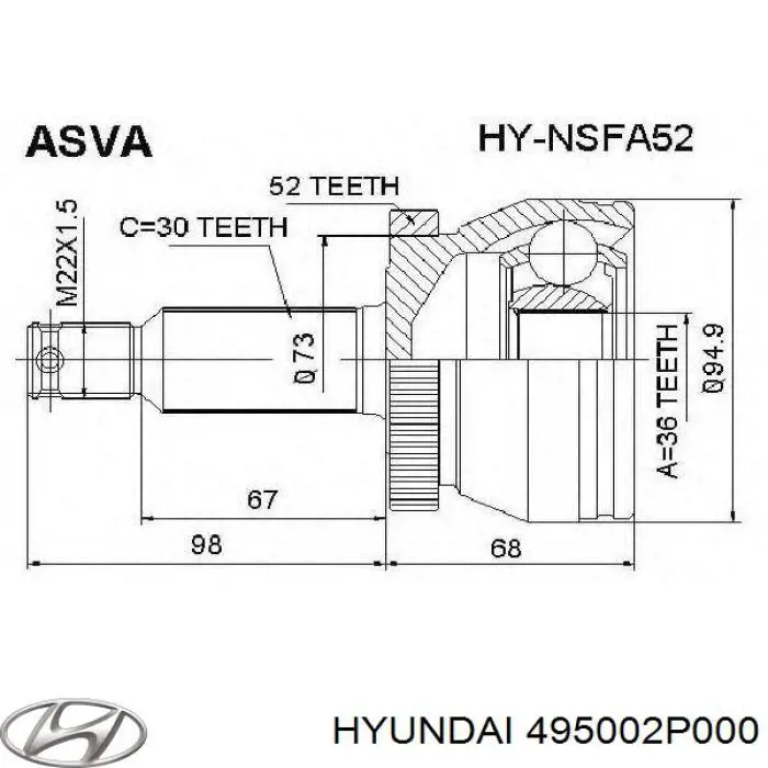 495002P000 Hyundai/Kia полуось (привод передняя левая)