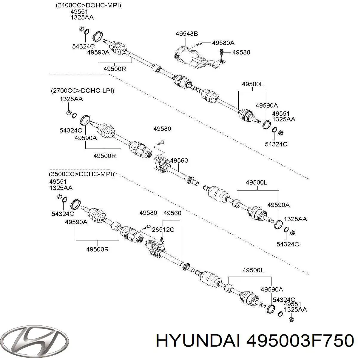 Купить 495003F850 Hyundai/Kia Вал приводной правый