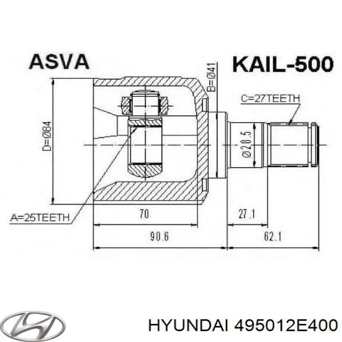 Левая полуось 495012E400 Hyundai/Kia