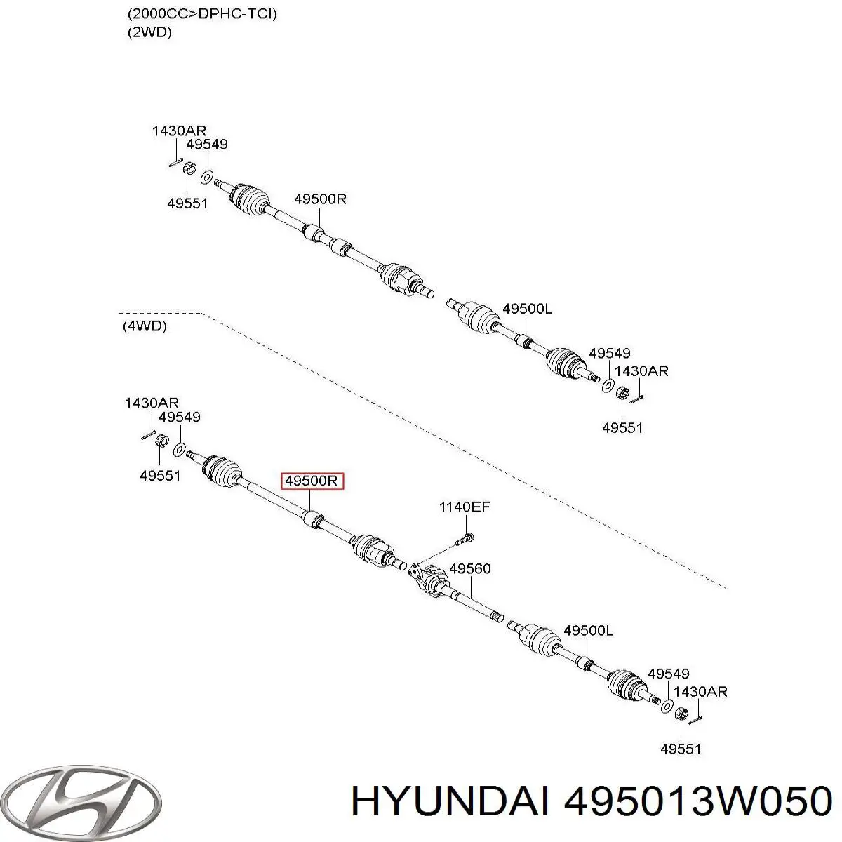 495013W050 Hyundai/Kia Полуось передняя, правая