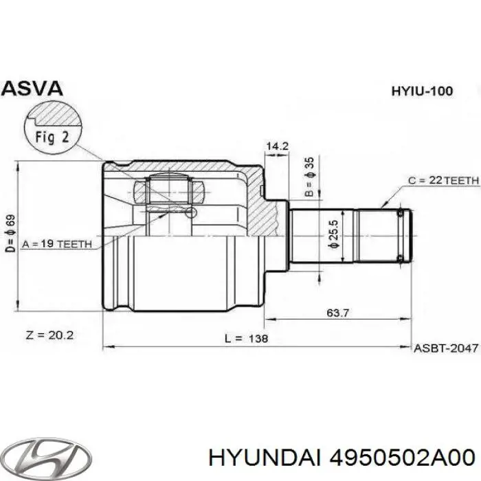 ШРУС внутренний передний левый 4950502A00 Hyundai/Kia