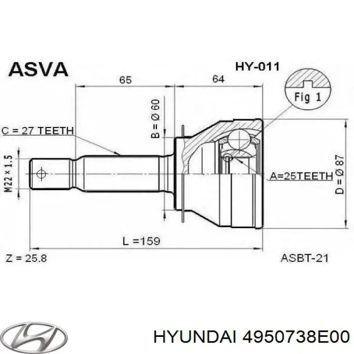 Шарнир равных угловых скоростей передний правый Hyundai/Kia 4950738F00