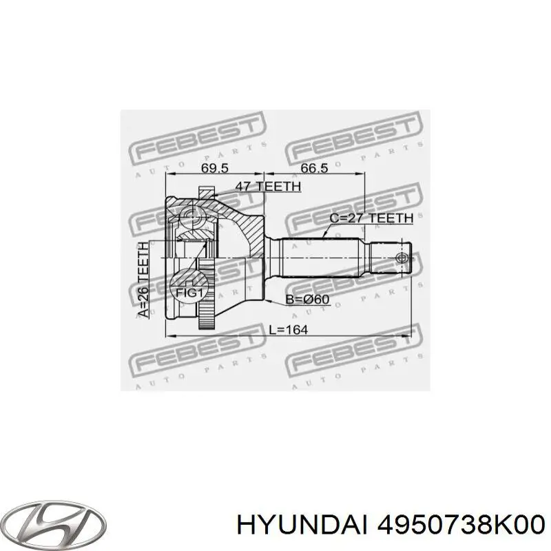 4950738K00 Hyundai/Kia Полуось передняя левая