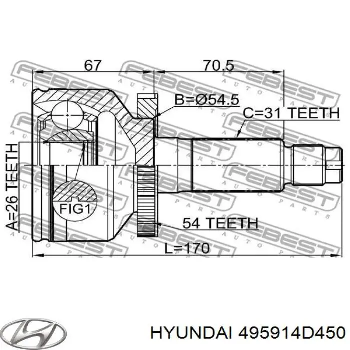 495914D450 Hyundai/Kia полуось (привод передняя левая)