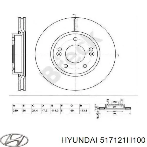 Freno de disco delantero 517121H100 Hyundai/Kia