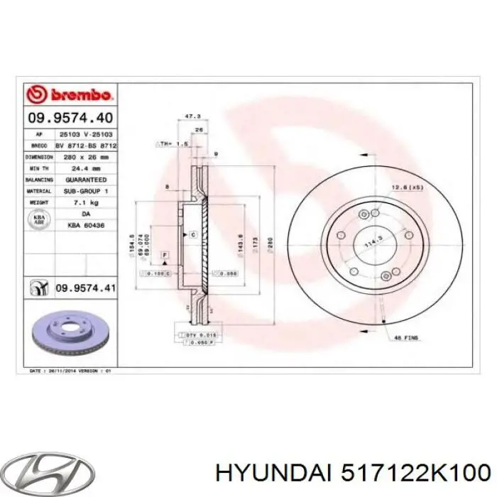 Передний тормозной диск Hyundai/Kia 517122K100