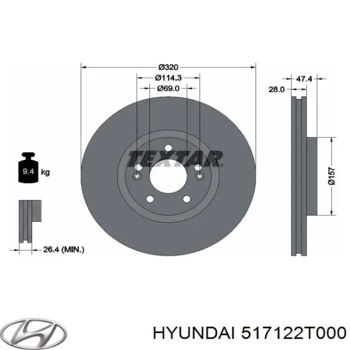 Freno de disco delantero 517122T000 Hyundai/Kia