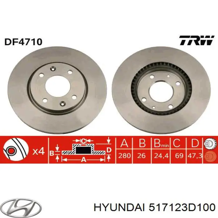 Тормоз дисковый передний Hyundai/Kia 517123D100 цена, от 39.11 USD