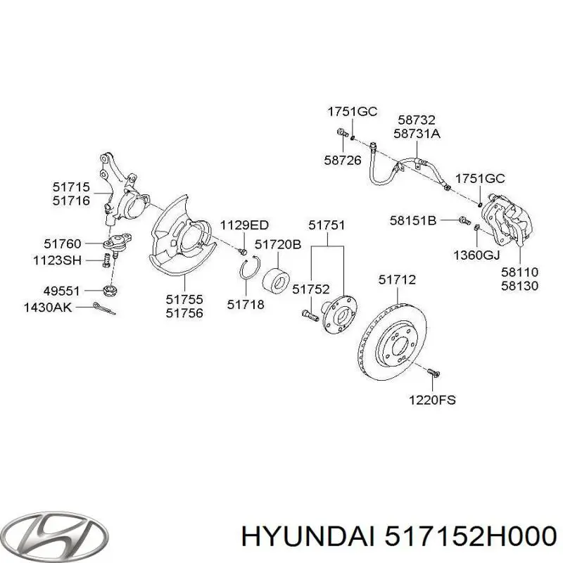 517152H000 Hyundai/Kia Цапфа - поворотный кулак передний, левый