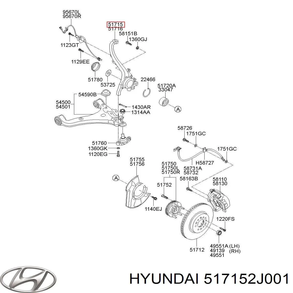 517152J002 Hyundai/Kia Цапфа - поворотный кулак передний, левый