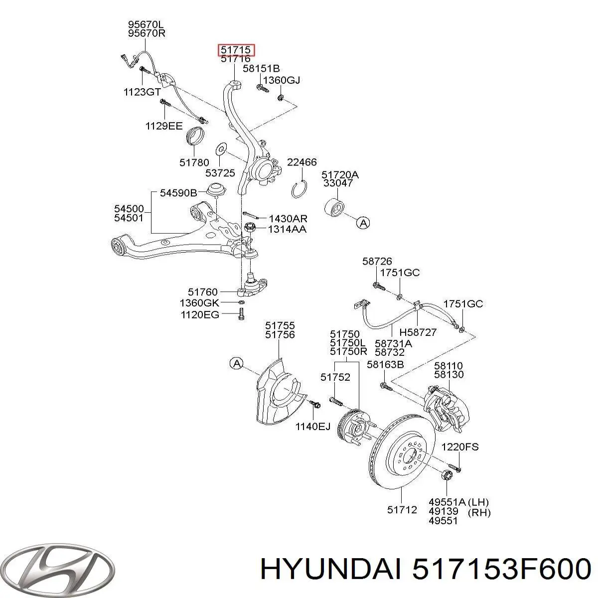 517153F600 Hyundai/Kia Цапфа - поворотный кулак передний, левый