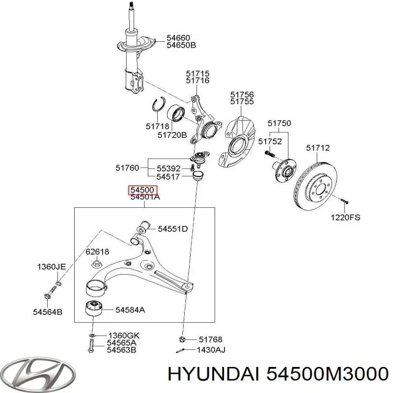 Рычаг передней подвески нижний левый 54500M3000 Hyundai/Kia