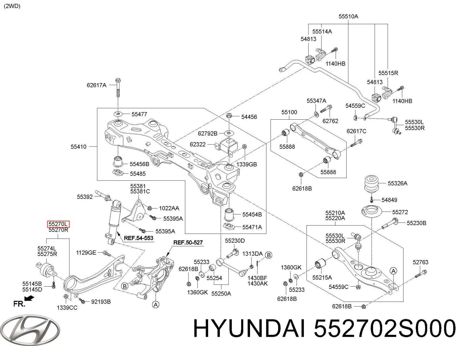 552702S000 Hyundai/Kia braço oscilante (tração longitudinal inferior esquerdo de suspensão traseira)