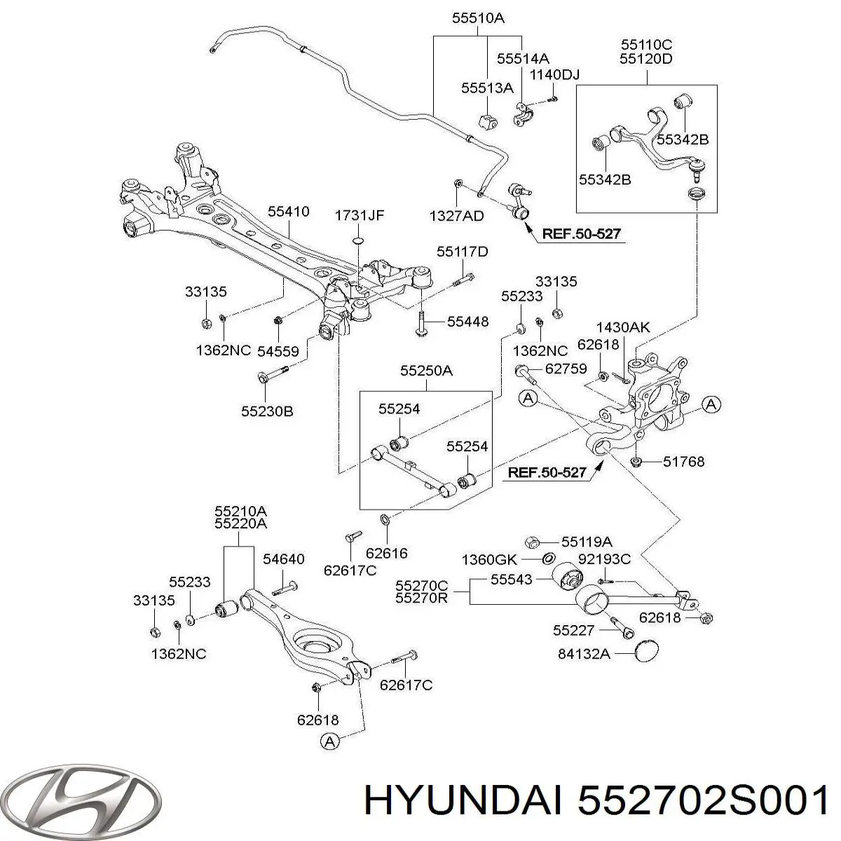 Рычаг/тяга задней подвески продольный нижний, левый Hyundai/Kia 552702S000