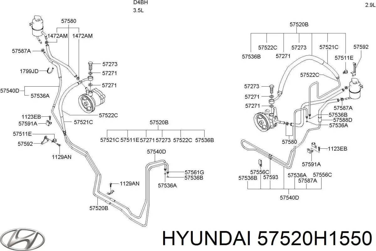 57520H1550 Hyundai/Kia mangueira da direção hidrâulica assistida de pressão alta desde a bomba até a régua (do mecanismo)