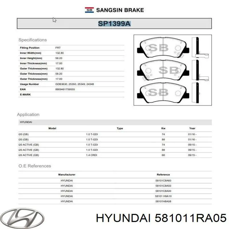 Передние тормозные колодки 581011RA05 Hyundai/Kia