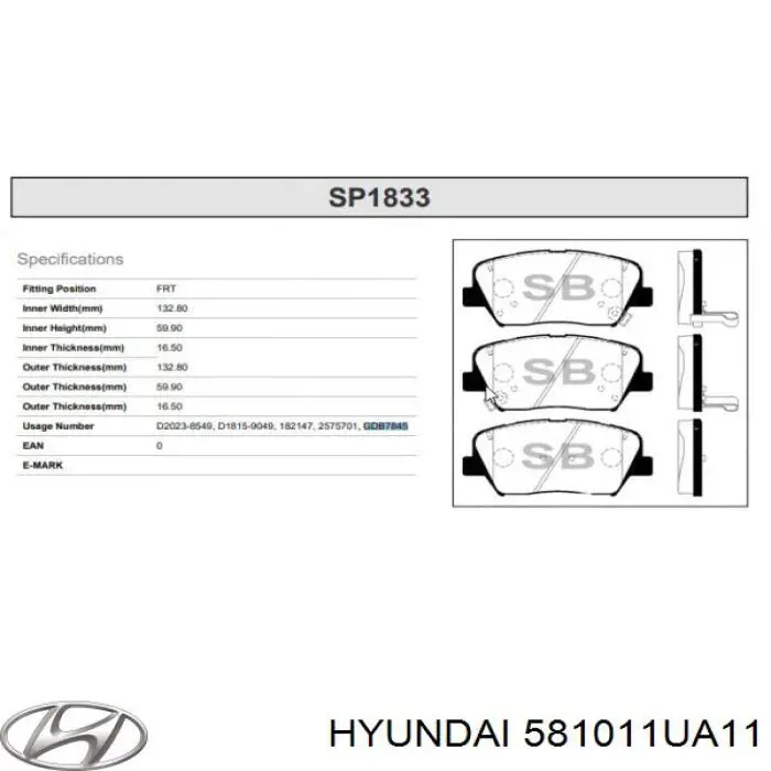Тормозные колодки Hyundai/Kia 581011UA11