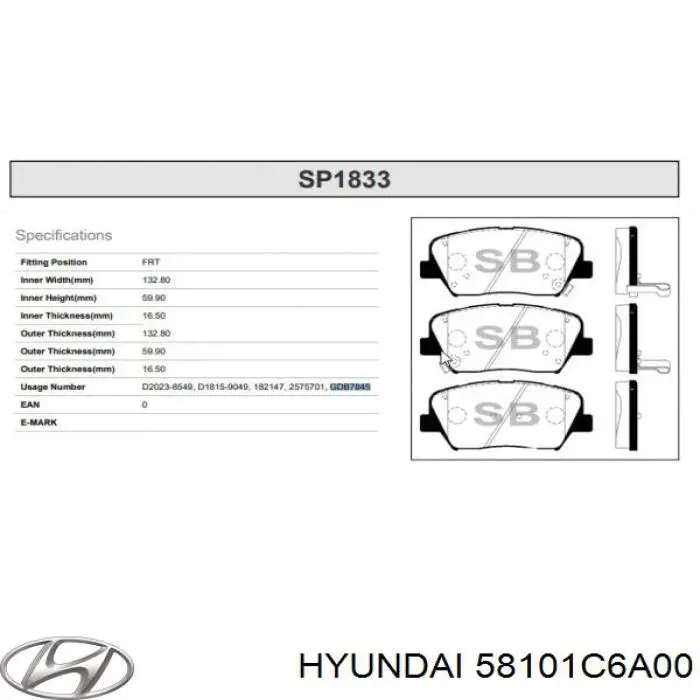 Передние тормозные колодки 58101C6A00 Hyundai/Kia