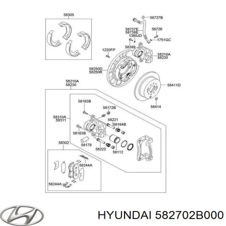 582702B000 Hyundai/Kia mecanismo de expansão das sapatas do freio de estacionamento