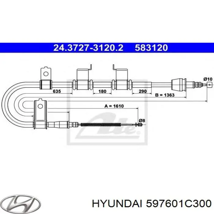 Трос ручного тормоза задний Hyundai/Kia 597601C300 цена, от 16.90 USD