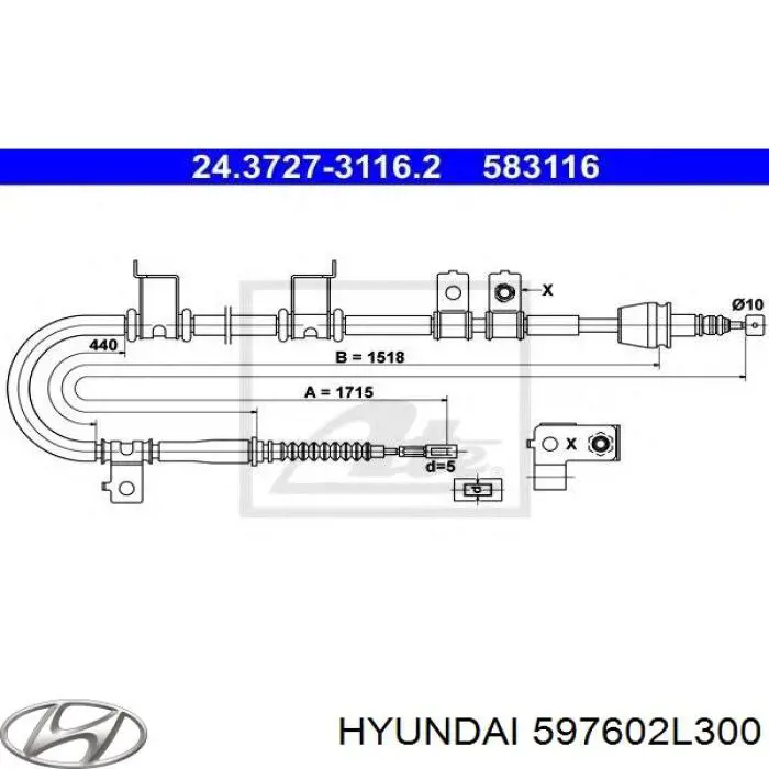 Трос ручного тормоза задний Hyundai/Kia 597602L300 цена, от 19.00 USD