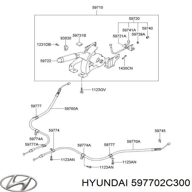 597702C300 Hyundai/Kia трос ручного тормоза задний правый