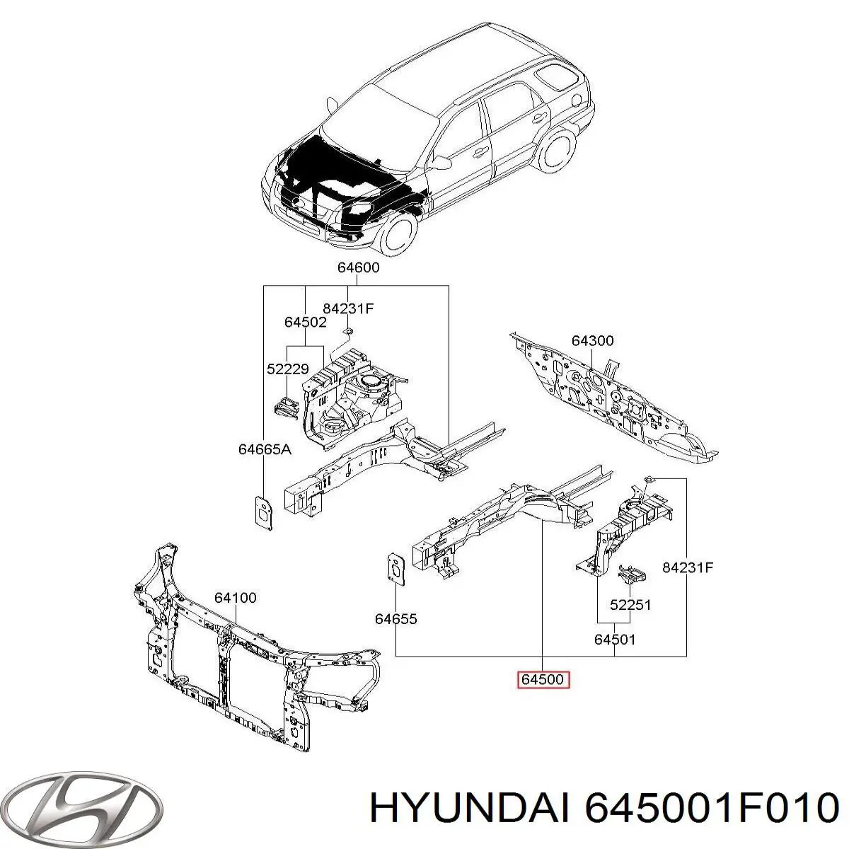 645001F010 Hyundai/Kia longarina de chassi dianteira esquerda