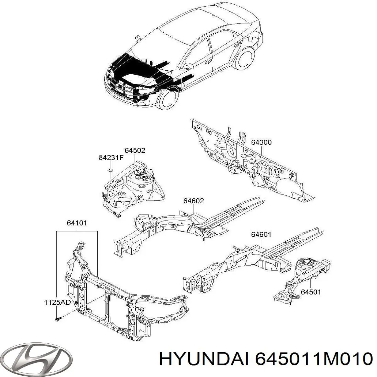 645011M010 Hyundai/Kia Панель брызговика (лонжерона) моторного отсека, левая