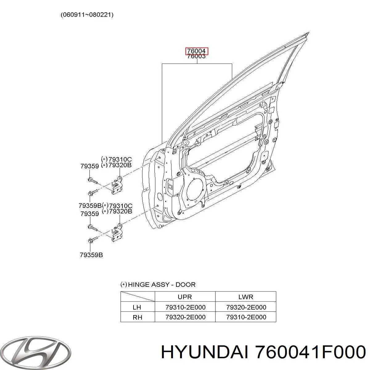 760041F020 Hyundai/Kia porta dianteira direita