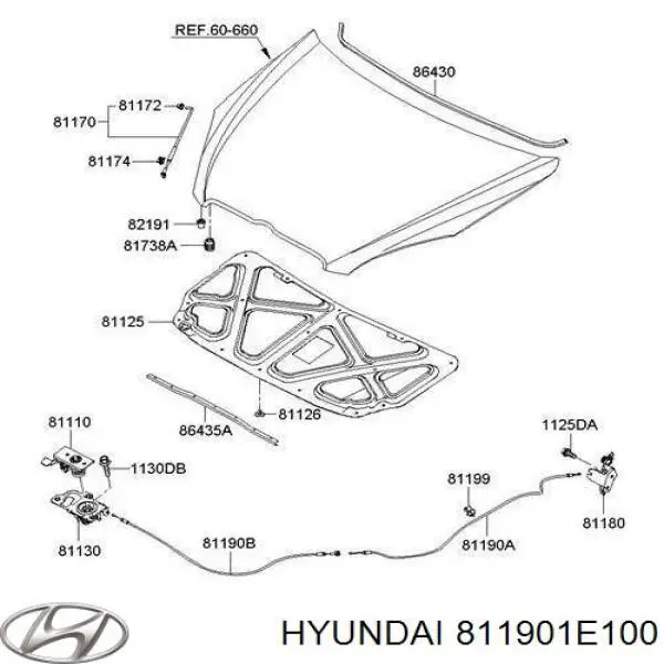 Трос открывания капота передний на Hyundai Accent MC