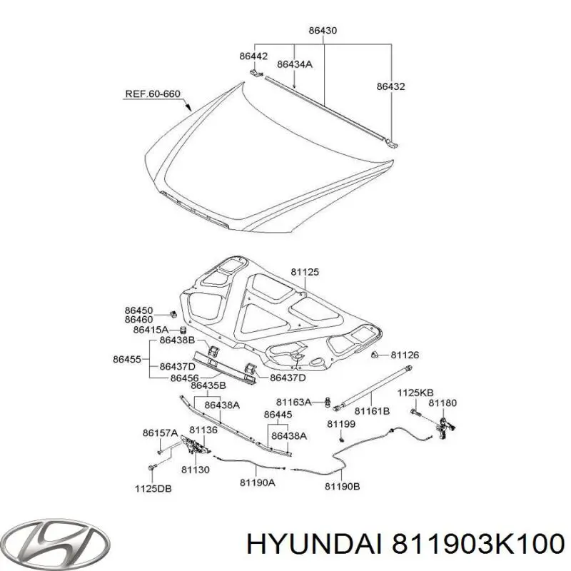 811903K100 Hyundai/Kia трос открывания капота передний